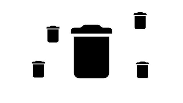 Zoom in and out animation the trash symbol. Large black symbol in the center and four small symbols around. Seamless looped 4k animation on white background