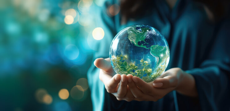 Environment day, save clean planet, ecology concept. Earth Day and ecology.Caucasian female and holding crystal earth globe over bright background with copy space
