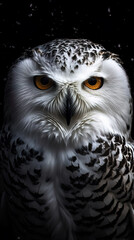 Portrait of a snowy owl with winter feathers on black background.