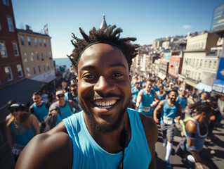 At a running marathon, a black marathon runner takes a selfie while running through the crowd. Black man running a marathon happy to participate with his friends.