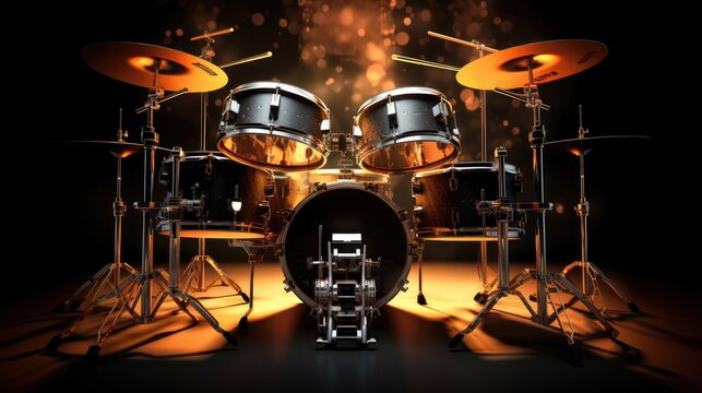 image showing the intricate details of a drum kit, with close-ups of the various drums, cymbals, and hardware, bathed in dramatic stage lighting.