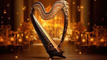 intricate details of a beautifully adorned concert harp, with soft light accentuating the curves and strings of the instrument.