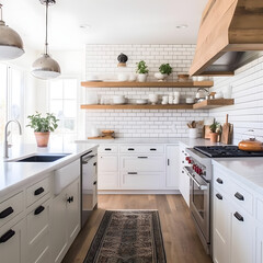 Modern Farmhouse Kitchen: Marrying traditional charm with contemporary elements, this style features white cabinetry, open shelving, and rustic touches. AI Generated