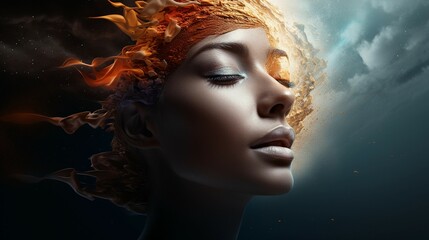 portrait of a woman with makeup in unity with space and sky