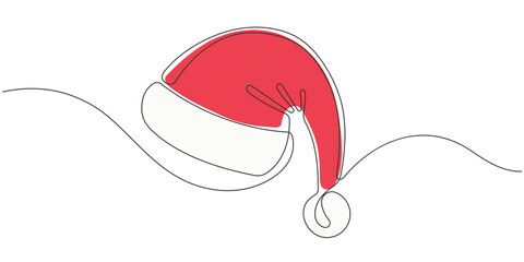 Christmas Santa Claus hat..Happy new year . christmas holidays. One line drawing. Vector illustration.