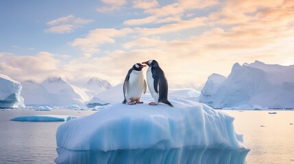 Gentoo penguin pair nuzzling affectionately on a small, picturesque iceberg, with the backdrop of the vast Antarctic wilderness. - obrazy, fototapety, plakaty
