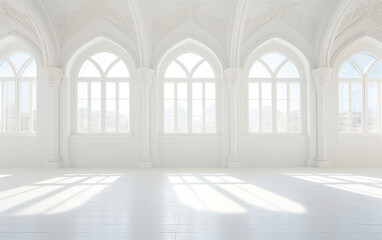 Fototapeta premium Empty spacious hall with white walls and white floor. All-white high-class residential environment with sunlight. Empty space with windows.