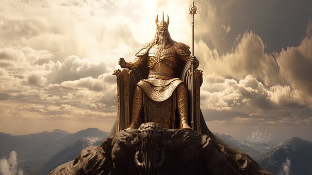 Portrait of Zeus or Jupiter or a Hellenic god with his crown and sitting on his majestic throne on a mountain.