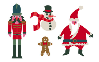 Christmas figures. Santa, snowman, Nutcracker, gingerbread man. Vector illustration on a white background. Flat icon cartoon.