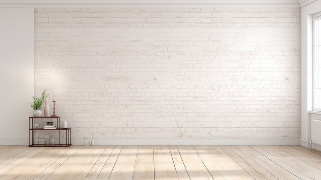 Photorealistic an interior with a white brick wall, useful for photo manipulations or Zoom backgrounds.