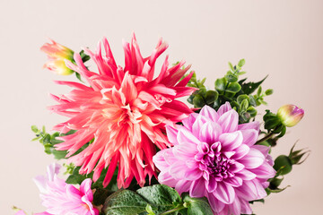 Bouquet of red and pink dahlias.