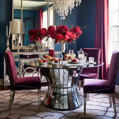 Glamorous Hollywood Regency Dining Room: Embracing opulence with mirrored furniture, bold colors, and luxurious fabrics for a touch of Old Hollywood charm. AI Generated