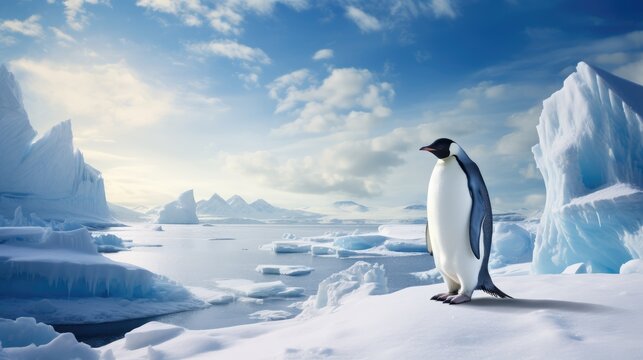 striking image of a majestic Emperor penguin standing proudly amidst the vast Antarctic ice and snow.