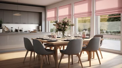 Fototapeten Gray roman shades and a pink curtain on large glass windows in a contemporary kitchen and dining room with a wooden table and white chairs. © Vusal