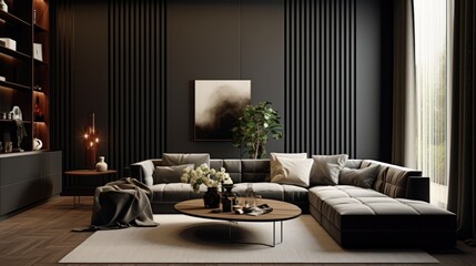 contemporary interior design with dark walls and vertical slats panel. - obrazy, fototapety, plakaty