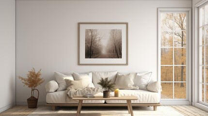 Fototapeta na wymiar farmhouse living room with mockup frame.