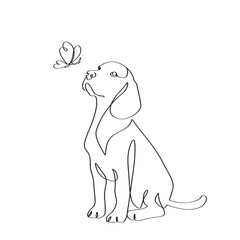 Continuous single-line art of dog and butterfly pet portrait looking sky thinking to pose elegant minimalist linear artwork. 