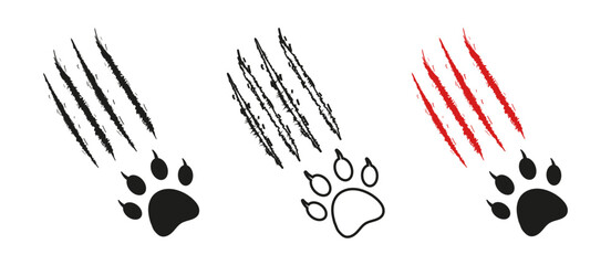 Cat paw print with scratches, claw marks. Black silhouette, outline, bloody color. Vector isolated on white. Icons. Paw of wild tiger, lion, puma, leopard, cheetah, jaguar, cougar, manul, lynx serval - obrazy, fototapety, plakaty