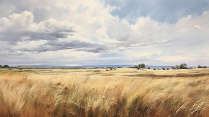 Painting of a prairie landscape and grasses. Grassland scenery and overcast sky in autumn.