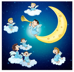 Group of little angels in the night sky playing and smiling - 646941526
