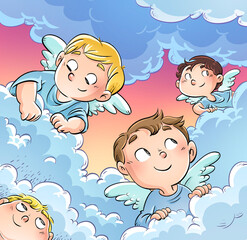 Adorable Angels among the clouds watching and thinking - 646941528