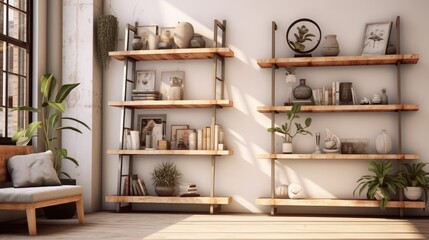 Simplistic interior with wooden frames, shelves, plants, and decor items.