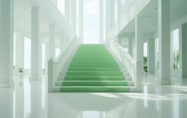 Obraz premium Spacious lounge with stylish stairs, white walls and white floors. All-white high-class residential environment with sunlight. Stairs to another room in the house.