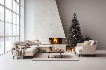 Christmas Home Interior with festive Christmas tree and gift boxes. Modern minimal living room in white colors - obrazy, fototapety, plakaty