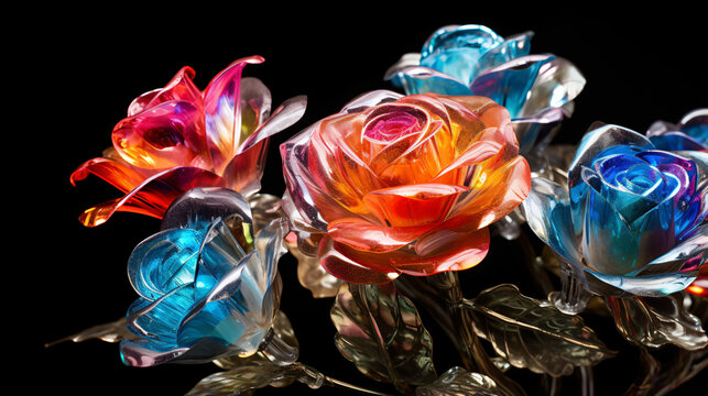 Close up of a colorful crystal roses on a black background