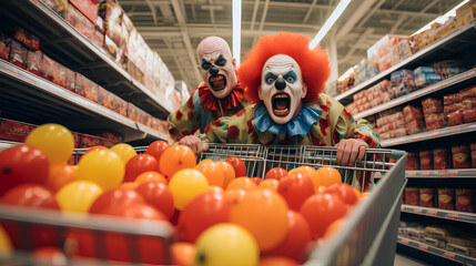 Two terrifying clowns with a cart full of colored balls in the hypermarket. Halloween concept - obrazy, fototapety, plakaty