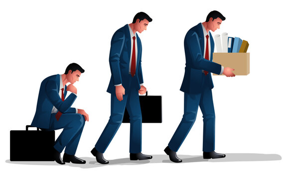 Illustration set offers the complex world of a lethargic businessman, delving into themes of weariness, contemplation, and professional challenges, including the theme of being fired