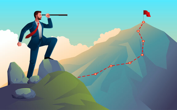 Businessman stands atop a rock, with a telescope, he gazes toward the towering summit of a mountain, symbolising the strategic vision, meticulous planning, and forward-thinking required in business