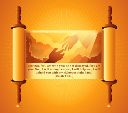 Biblical and religion vector illustration series on old scroll, God hand reaching out for human hand. Hope, help, God mercy concept