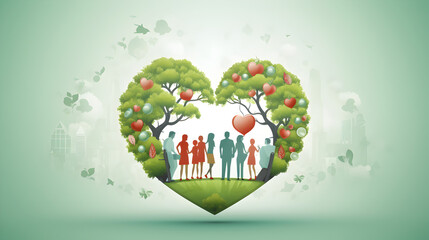 Family inside heart with tree and flowers illustration 