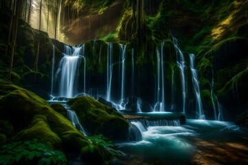 Hidden fairy kingdom tucked away behind a cascading waterfall - AI Generative