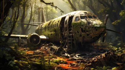 Fototapeta premium an old plane lies in the jungle among green trees