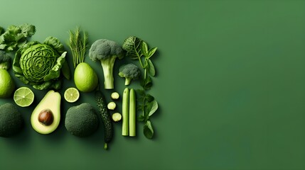 Various green fruits and vegetables photo realistic flat lay pattern background.
