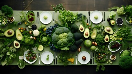 Table decorated with fresh green fruits and vegetables, healthy food creative image.