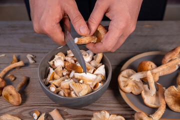 Cooking edible mushrooms. Vegetarian food. Food rich in protein and fiber.