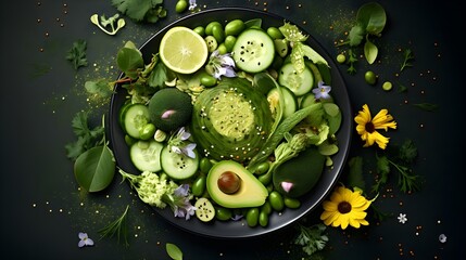 Green vegetables on a plate. Minimal bright, juicy background.