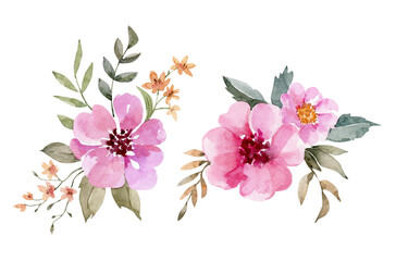 Botanical set of watercolor illustrations of bouquets of pink flowers. © Lana