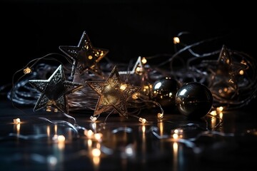 Christmas decoration with stars and lights on a black background generated by AI