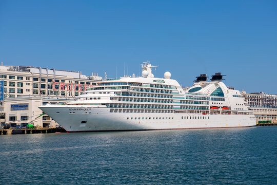 Seabourn Quest by Seabourn Cruise Line docked at Boston Cruise Port in Seaport District, city of Boston, Massachusetts MA, USA. 