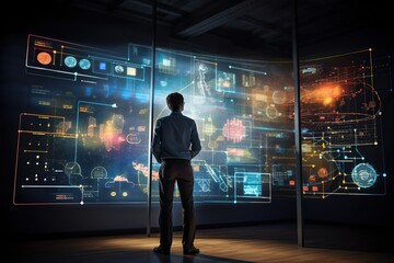 Fototapeta na wymiar a man standing in front of a big futuristic display examining data information analytics chart