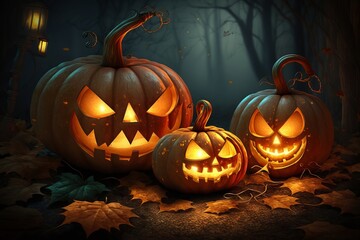 Realistic Halloween pumpkins with lantern lights background generated by AI