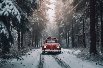 Red Car Carrying A Christmas Tree In Snowy Forest generated by AI