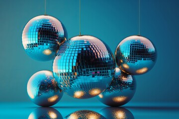 Christmas baubles in shape of disco balls placed on blue generated by AI