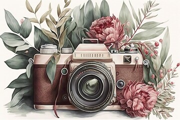 Watercolor illustration camera with white flowers and eucalypt generated by AI