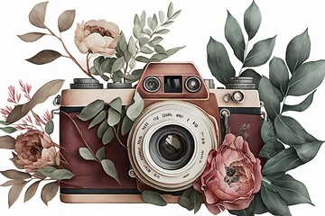 Watercolor illustration camera with white flowers and eucalypt generated by AI