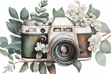 Watercolor illustration camera with white flowers and eucalypt generated by AI